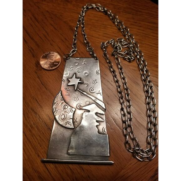 Huge handcrafted sterling silver pendant necklace aF hallmark J100329 - Picture 5 of 5